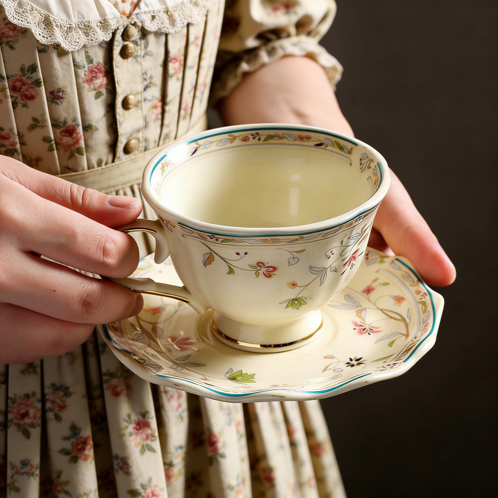 Vintage Pastoral Garden Ceramic Coffee Cup & Saucer Set