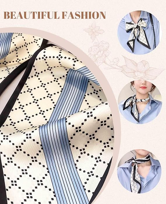 Satin Neck Scarf for Women Printed Hair Scarves Bag Scarfs Fashion Elegant Oblique Angle Design 59" X 5.9