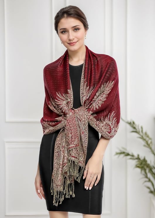 Reversible Paisley Pashmina Rave Scarf, Shawls and Wraps for Evening Dress, Exotic Indian Scarves for All Season