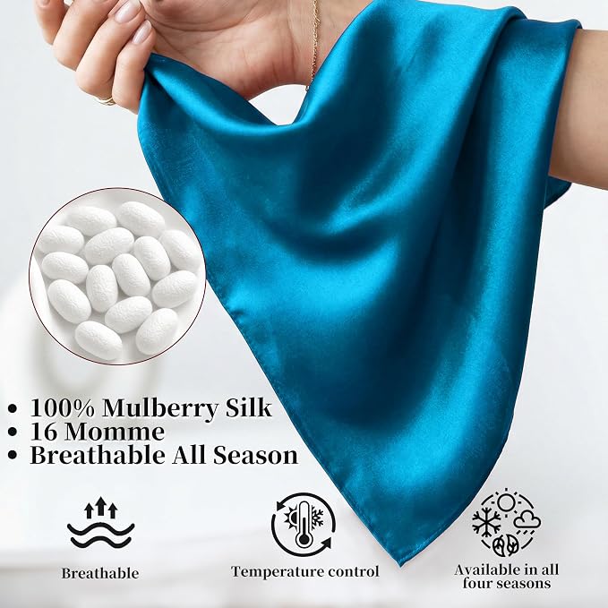 100% Mulberry Silk Scarf for Women 21" Square Neckerchief Lightweight Hair Bandana & Headscarf