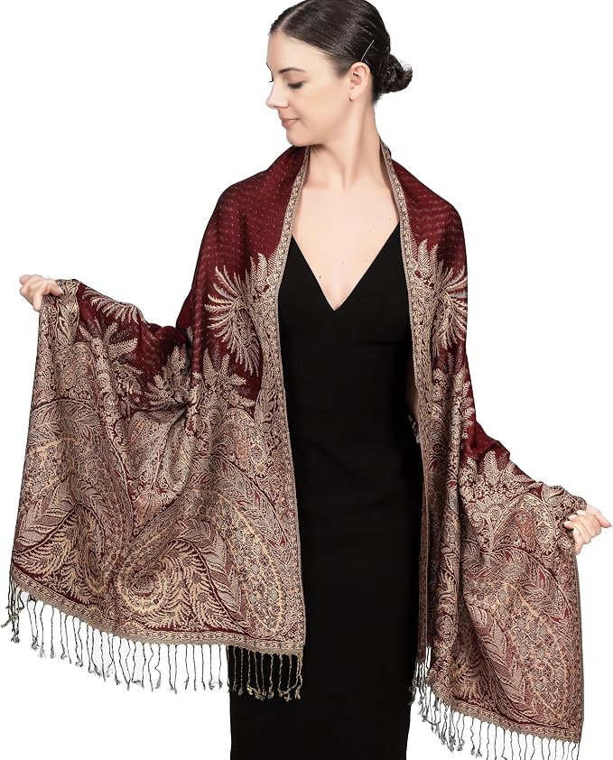 Reversible Paisley Pashmina Rave Scarf, Shawls and Wraps for Evening Dress, Exotic Indian Scarves for All Season