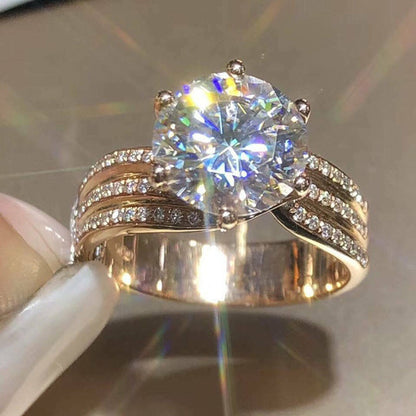 Classic 6-Prong Round Solitaire Ring with Multi-Row Pave Band for Women