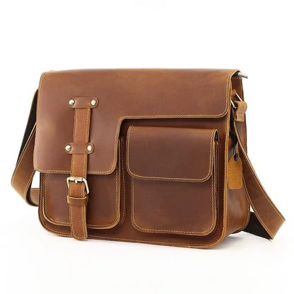 Genuine Leather Crossbody Messenger Bag - Multi-Functional Cowhide Shoulder Bag