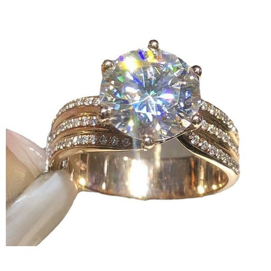 Classic 6-Prong Round Solitaire Ring with Multi-Row Pave Band for Women