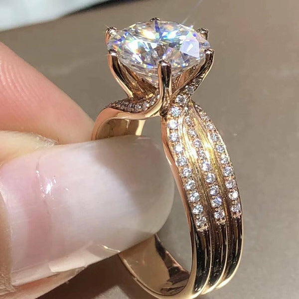 Classic 6-Prong Round Solitaire Ring with Multi-Row Pave Band for Women