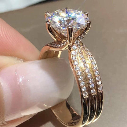 Classic 6-Prong Round Solitaire Ring with Multi-Row Pave Band for Women
