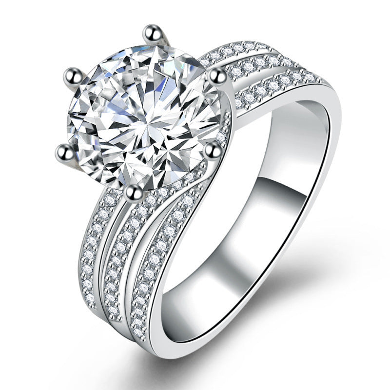 Classic 6-Prong Round Solitaire Ring with Multi-Row Pave Band for Women