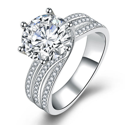 Classic 6-Prong Round Solitaire Ring with Multi-Row Pave Band for Women